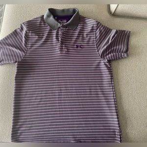 Under Armour Polo Shirt Mens Medium Purple Pink Striped Loose Fit Performance
